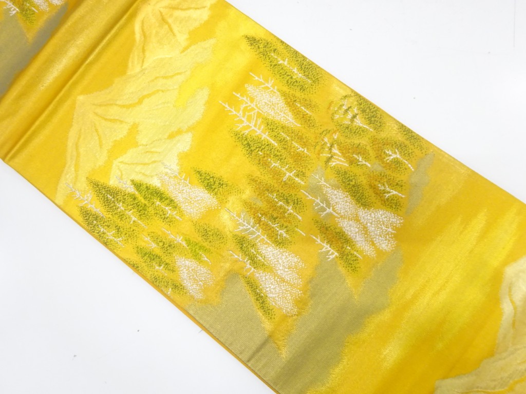 JAPANESE KIMONO / ANTIQUE FUKURO OBI / SILK / WOVEN MOUNTAIN & TREE